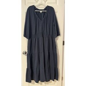 Terra & Sky Knit Peasant Maxi Dress Plus Size 4X Pockets Stretch Dark Blue Navy